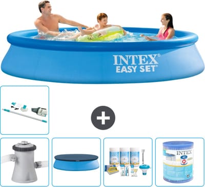 Intex Rond Opblaasbaar Easy Set Zwembad - 305 x 61 cm - Blauw - Inclusief Pomp - Afdekzeil - Onderhoudspakket - Filter - Stofzuiger - 6-delig