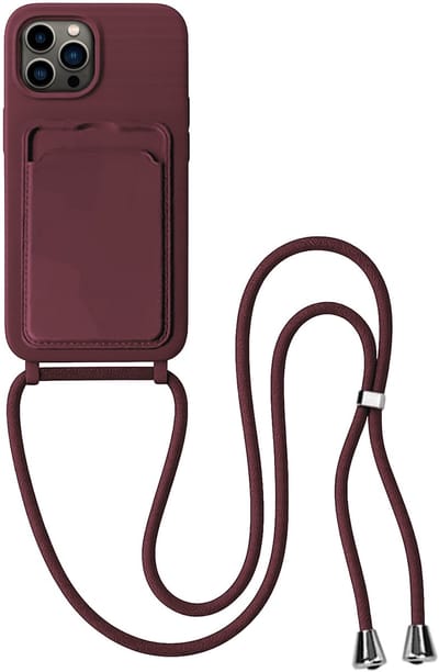 Hoes Geschikt voor iPhone 13 Pro Hoesje Pas Houder Case Hoes Met Koord - Hoesje Geschikt voor iPhone 13 Pro Hoes Met Telefoonkoord Pasjeshouder Cover - Aubergine