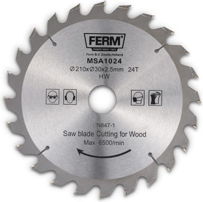 FERM - MSA1024 - Zaagblad - 210x30/18/16mm - T24 - TCT tanden - Diameter: - 210mm - Asgat: - 30mm - 18mm - 16mm - Universeel - Voor zagen van - Hout - Zeer geschikt voor - Radiaalafkortzaag - MSM1039 - MSM1037 - MSM1035 - Zaagtafel - TSM1035