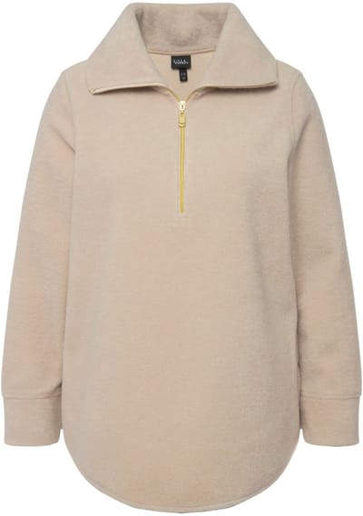 Ulla Popken - Dames - Fleeceshirt A-lijn opstaande kraag rits lange mouwen - Vanille - Maat 46+