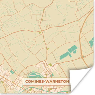 Poster Kaart - Stadskaart - Plattegrond - Comines-Warneton - Vintage - 100x100 cm XXL