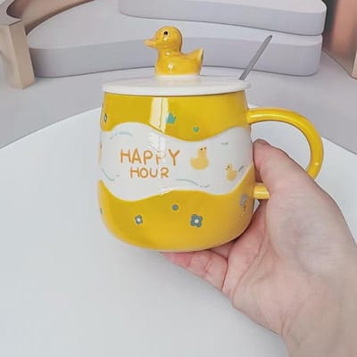 Cartoon Design Sense Keramische Beker met Deksel Lepel Olie Eend Magnetron Kan Water Verwarmen Grappige Mok Keramische Beker 420ml
