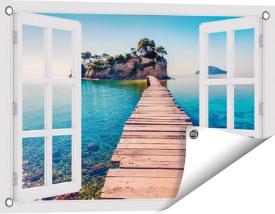 Gards Tuinposter Doorkijk Pad op het Water naar een Grieks Eiland - 60x40 cm - Tuindoek - Tuindecoratie - Wanddecoratie buiten - Tuinschilderij