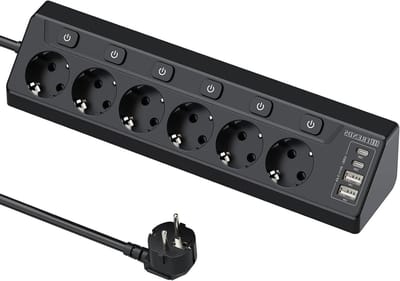 Hoekstopcontact met USB - Zwart - 6-voudig met schakelbare aansluitingen - 4000 W vermogen - Voor Keuken en Bureau