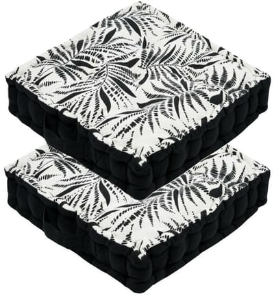Stof Textile Vloerkussen Leaves - 2x - zwart/wit - katoen - 45 x 45 x 10 cm - vierkant - Extra dik - extra zitplaatsen - spelen - gamen - relaxen