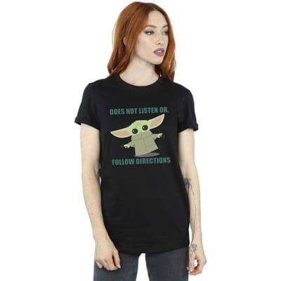 Star Wars Dames/Dames The Mandalorian Grogu Luistert Niet Katoenen Vriendje T-shirt (Zwart)
