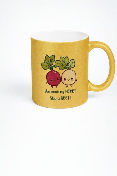 Gouden Glitter Mok met Lieve Bieten & Grappige Tekst - "You make my HEART Skip a BEET!" - Cadeau Liefde & Humor