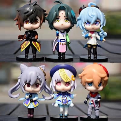 6 stuks set Genshin Impact Anime Figuur Spel Cartoon Aether Lumine Amber Venti Diluc Paimon Poppen Speelgoed Kawaii Karakter Cadeau black
