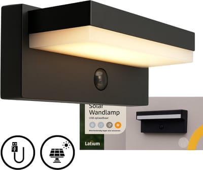 Latium Solar Buitenlamp met Bewegingssensor – Wandlamp Buiten op Zonne-energie en Oplaadbaar via USB - Duurzame en Weerbestendige Buitenverlichting - Tuinverlichting