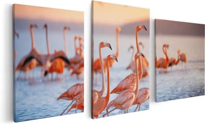 Artaza Canvas Schilderij Drieluik Kudde Flamingo's in het Water - 120x60 - Foto Op Canvas - Canvas Print