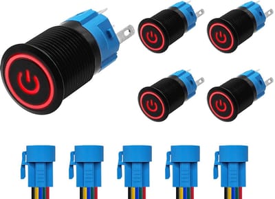 ProRide Drukschakelaar ON-OFF 12V/24V - 16mm Metaal - Waterdicht - LED Rood - Met Kabels - 5 stuks