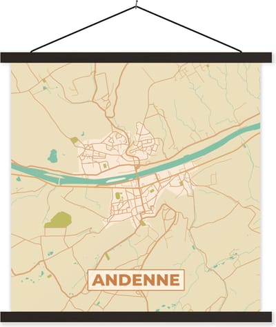 Posterhanger incl. Poster 60x60 cm - Schoolplaat - Plattegrond - Kaart - Stadskaart - Vintage - Andenne - Textielposter - Zwarte latten - Stadskaart