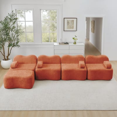 MODFU Modulaire Hoekbank - 4-Zits Met Ottoman En Golvende Vorm - Voor Woonkamer - Fluweel - Oranje
