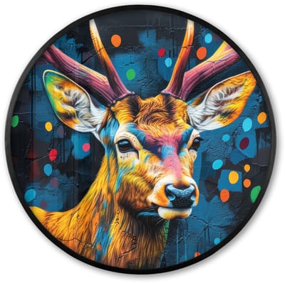 Poster in lijst Rond - Fotolijst 60x60 cm - Posters - Graffiti - Hert - Dier - Kleurrijk - Ronde posterlijst zwart - Decoratie - Wanddecoratie woonkamer - Muurdecoratie slaapkamer