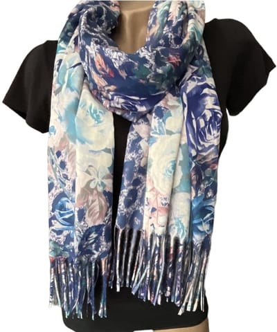 Warme Sjaal - Bloemenprint/Panterprint - Blauw - 200 x 67 cm (22-60)