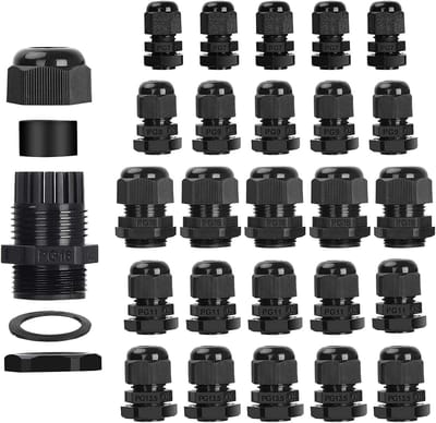 25 stuks kabelwartels, IP68 waterdichte kabelwartels PG7 PG9 PG11 PG13.5 PG16 zwart, verstelbare kabelconnectorset met contramoer kunststof, instelbare kabelaansluitingen