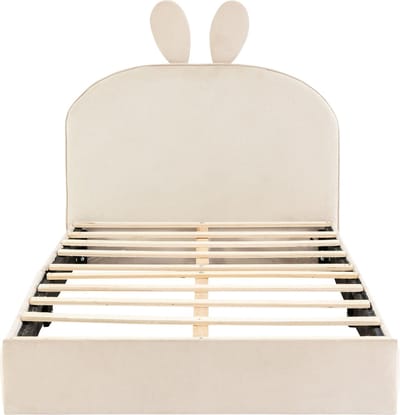 Merax Gestoffeerd Eenpersoonsbed 90x200 cm met Konijnen Oren Hoofdbord - Kinderbed met Houten Lattenbodem - Fluwelen Bed - Beige