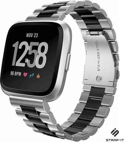 Stalen Smartwatch bandje - Geschikt voor Fitbit Versa / Versa 2 stalen bandje - zilver/zwart - Strap-it Horlogeband / Polsband / Armband