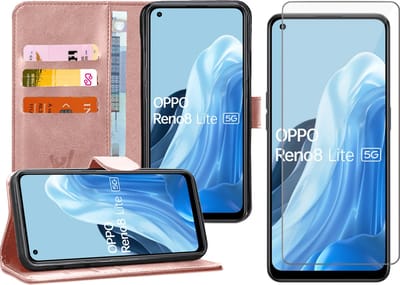 Hoesje geschikt voor Oppo Reno 8 Lite - Screenprotector Glas - Portemonnee Book Case Rosegoud
