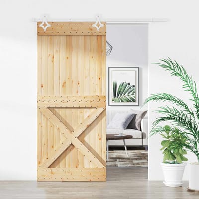 vidaXL - Schuifdeur - Natuurlijk - en - Wit - 90 - x - 210 - cm - Massief - Pine - Hout
