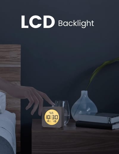 Famanu - Houten digitale wekker met LCD-display, sluimerfunctie en nachtlampje, werkt op batterijen, licht hout