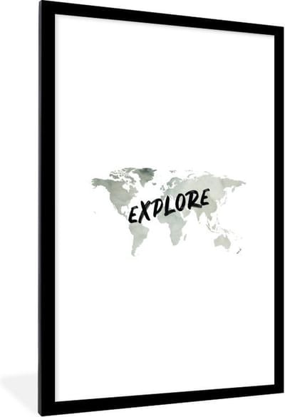 Poster in lijst - Fotolijst 60x90 cm - Posters - Wereldkaart - Aquarelverf - Explore - Posterlijst zwart - Decoratie - Wanddecoratie woonkamer - Muurdecoratie slaapkamer