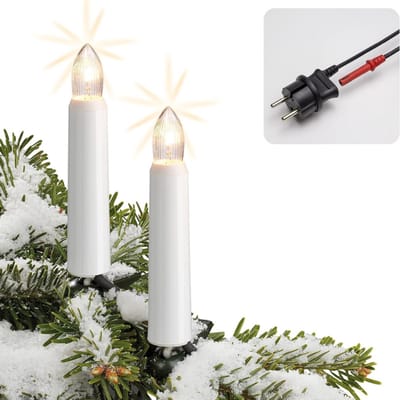 Buitenverlichting, 20 LED's, warm wit, geribbelde kaarsen, lengte 19 m + 2 x 1,5 m stroomkabel, zwarte rubberen kabel, afstand tussen de snoeren 100 cm, deelbare stekker, kerstverlichting