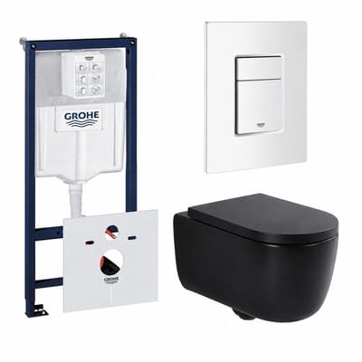 QeramiQ Dely Swirl Toiletset - 36.5x 53cm - Grohe Rapid inbouwreservoir - 35mm zitting - witte bedieningsplaat - rechthoekige knoppen - matte black (mat zwart)