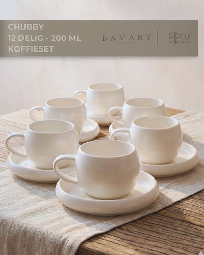 Bavary Chubby Koffie & Theekopjes met Schotel 12-delig - 6 Personen - Porselein - Wit - 200 ml - Rond Chubby Design - Vaatwasserbestendig - Koffiekopjes set