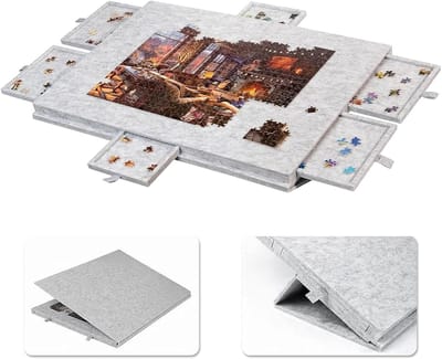 Puzzelplank met laden - Puzzeltafel Vilt - Georganiseerd Puzzelen - 2-in-1 met Standaard - 77 x 53 cm - Zilvergrijs