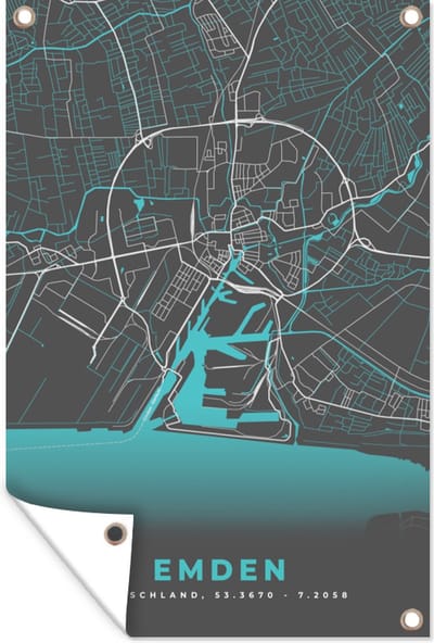 Muurdecoratie Plattegrond – Emden – Blauw – Stadskaart – Kaart - Duitsland - 120x180 cm - Tuinposter - Tuindoek