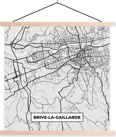 Posterhanger incl. Poster 40x40 cm - Schoolplaat - Brive-la-Gaillarde – Plattegrond – Frankrijk – Kaart – Stadskaart - Textielposter - Blanke latten - Stadskaart