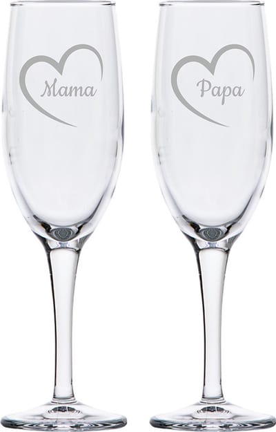 Gegraveerde Champagneglas 16,5cl Mama met hartje & Papa met hartje