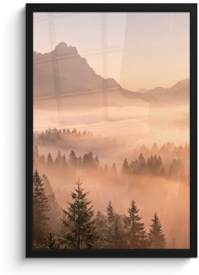 Poster in lijst - Fotolijst 40x60 cm - Posters - Zonlicht - Mist - Bergen - Bomen - Posterlijst zwart - Decoratie - Wanddecoratie woonkamer - Muurdecoratie slaapkamer
