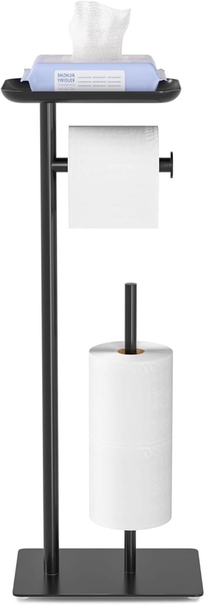 Toiletrolhouder Staand - 3-in-1 WC Rolhouder van RVS - Met Plankje en Reserverolhouder voor 4 Rollen - Vrijstaande Toiletpapierhouder Zonder Boren - Zwart
