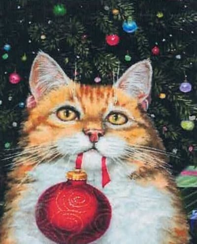Kerst - poes met Kerstbal - kerstsfeer - Diamond Painting - 50 x 65 - Ronde steentjes
