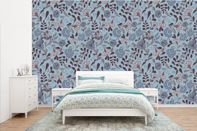 Behang - Fotobehang Patroon - Bloem - Grijs - Blauw - Breedte 385 cm x hoogte 240 cm