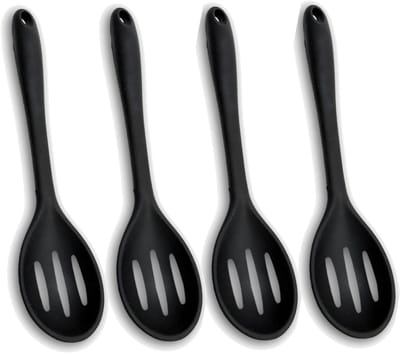 Siliconen Lepelset 4 ST. | Geperforeerde eetlepels Zwart | Eetlepel met gaatjes | Anti-aanbaklaag | Hittebestendig, Vaatwasbestendig | Schuimspaan, Roerlepel, Kooklepel, Opscheplepel, Gleuflepel | Lepel met haakje | Silicone Keukengerei, Kookgerei