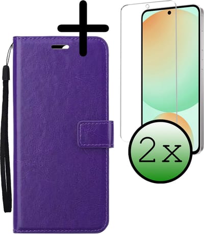 Hoesje Met 2x Screenprotector - Geschikt voor Samsung Galaxy S24 FE - Luxe Pasjeshouder - Bookcase Portemonee - Flip Case - Kunstleer Book Case - Flipcase Hoes - Book Cover - Walletcase - Portemonneehoes - Paars