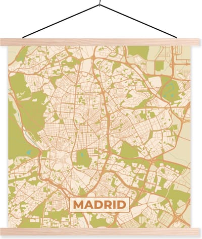 Posterhanger incl. Poster 40x40 cm - Schoolplaat - Madrid - Stadskaart - Kaart -Plattegrond - Vintage - Textielposter - Blanke latten - Stadskaart