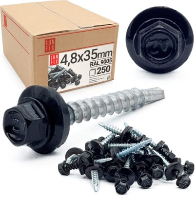LUN FIX - Trapezblechschroeven 4,8 x 35 mm - 250 stuks - Diepzwart RAL 9005 - Spenglerschroeven met dichtschijf