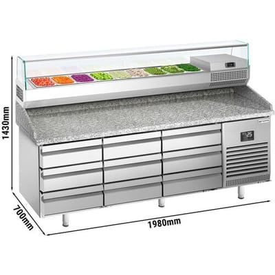 GGM Gastro Pizzakühltisch Premium PLUS - 1980x700mm - mit 9 Schubladen - inkl. Kühlaufsatzvitrine - 9x GN 1/4