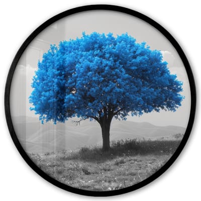 Poster in lijst Rond - Fotolijst 40x40 cm - Posters - Boom - Natuur - Blauw - Zwart wit - Ronde posterlijst zwart - Decoratie - Wanddecoratie woonkamer - Muurdecoratie slaapkamer