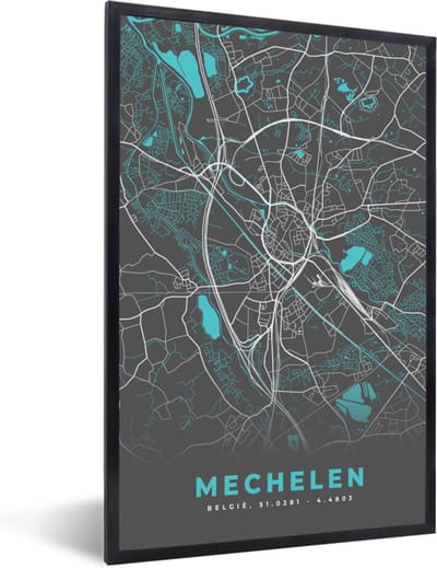Fotolijst incl. Poster - België – Mechelen – Stadskaart – Kaart – Blauw – Plattegrond - 40x60 cm - Posterlijst