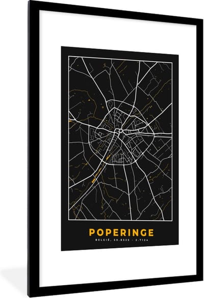 Fotolijst incl. Poster - Black & gold - Poperinge - Stadskaart - Plattegrond - Kaart - 60x90 cm - Posterlijst