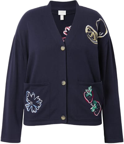 Ulla Popken - Dames - Vest borduursel V-hals lange mouwen biologisch katoen - Marine - Maat 42+