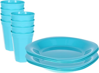 Plasticforte Verjaardag/kinder/camping borden/beker set - 16x stuks - blauw - kunststof - onbreekbaar