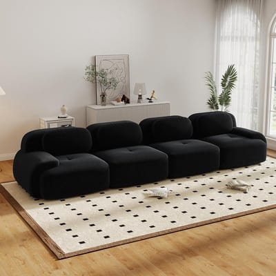 4-zits Converteerbare Hoekbank, 388 cm, Moderne Modulaire Bank met Diepe Zitting, Extra Grote Gewatteerde Corduroy Bank voor de Woonkamer, Geen Montage Nodig-Zwart