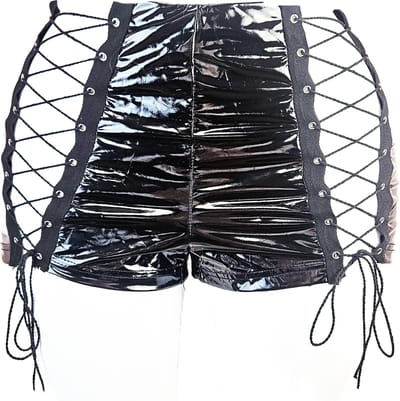 BamBella® Korte broek - Maat S/M - Wetlook short Dames - Roze Datex mix latex en stof ondergoed kleding met vetersluiting