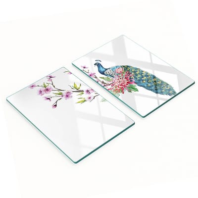 Decoratieve snijplanken van gehard glas met pauwen- en bloemenmotief, 2x40x52 cm